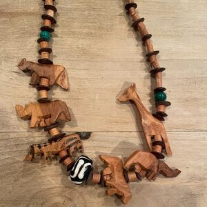 Artisan Wooden Beaded Necklace with Carvings Safari Animals ethnic boho